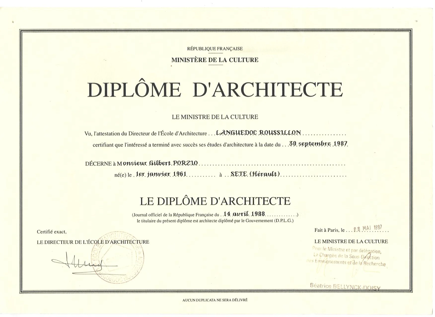 Diplôme français d’architecte D.P.L.G. de Gilbert Porzio